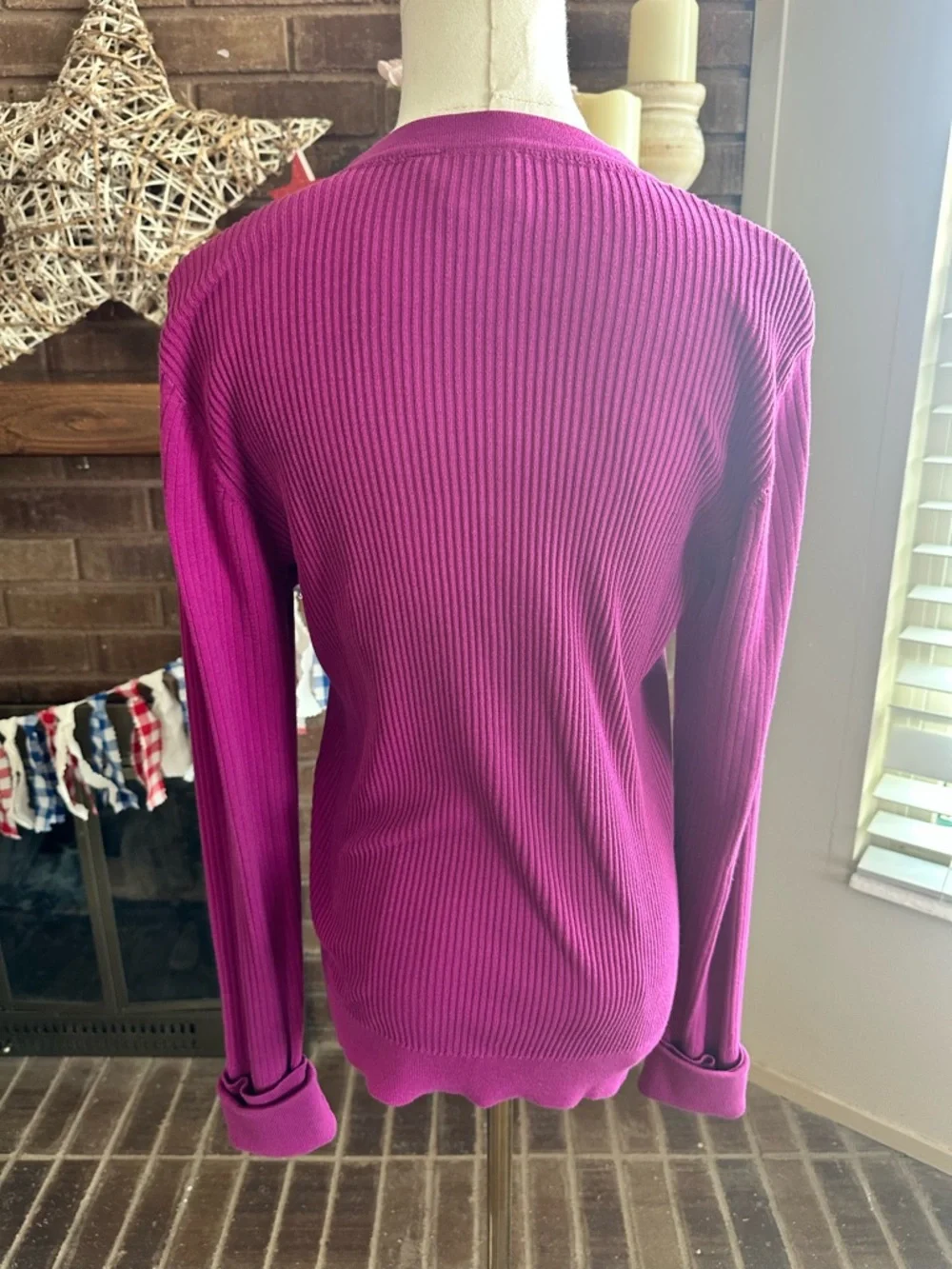 Tory Burch 100% Cotton Ribbed Knit Cardigan Magenta  L Gold Logo Buttons Preppy